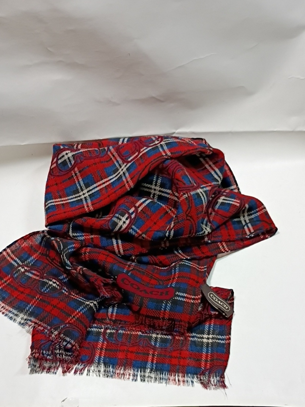 Coach Red Plaid Scarf with Navy and White Accents